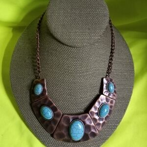 Copper color blue faux turquoise chain necklace
